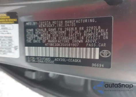 2005 Toyota Camry Le из США, поврежденный, VIN 4T1BE30K35U581907